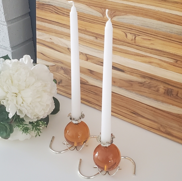 2 Vintage Lucite Round Ball Candle Stick Holders - Amber / Orange Colour - Picture 8 of 9